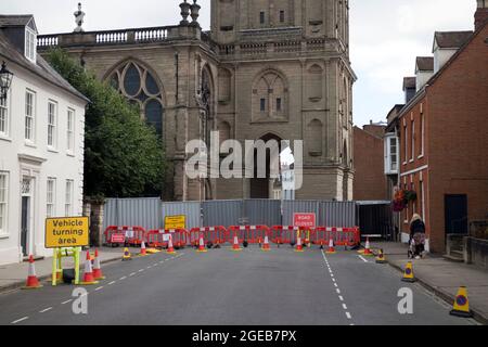 Road closure in Warwick town centre for major maintenance work on St. Mary`s Church, Warwickshire, UK Stock Photo